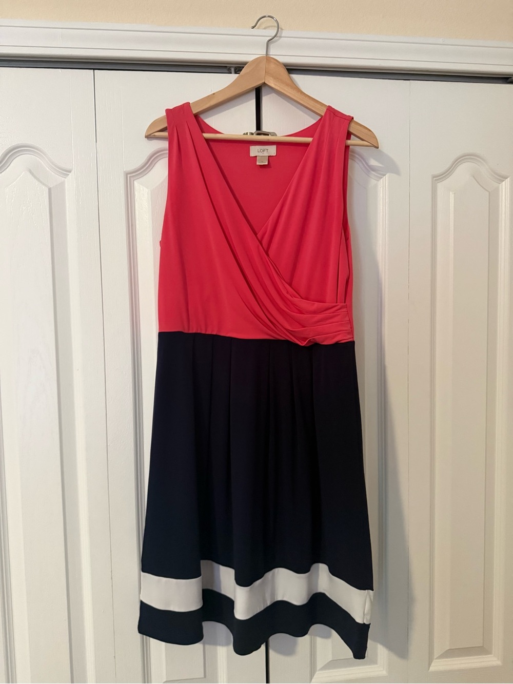 LOFT Coral and Navy Colorblock Sleeveless Wrap-Style Midi Dress